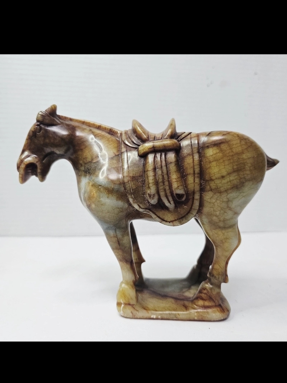 Carved Stone Horse Figurine Jade-Like Agate Onyx Vintage Asian Flaw On Ear